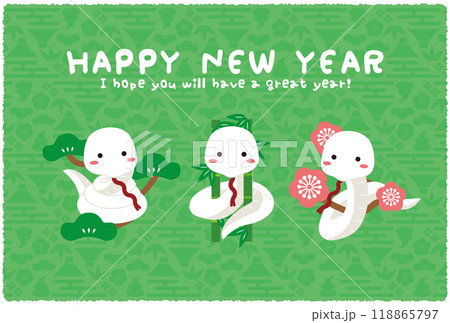 Happy New Year　松竹梅　白蛇　背景緑 118865797