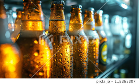 Bottles of beer on a shelf in the refrigerator 118865807