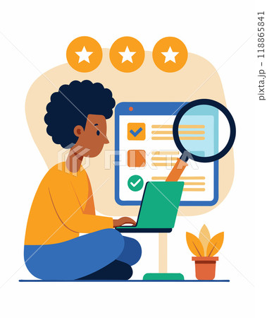 A person diligently researches online reviews and compares prices before making a purchase determined to find the best deal.. Vector illustration. 118865841