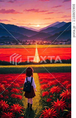 夕暮れの彼岸花咲く小径を歩く少女 118865908