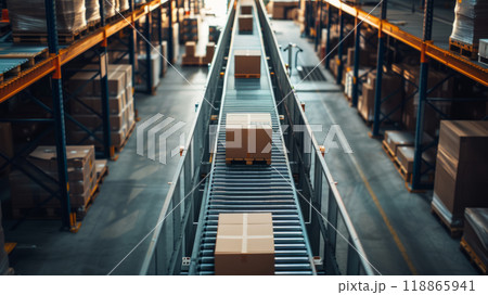 Conveyor belt with cardboard boxes in production 118865941