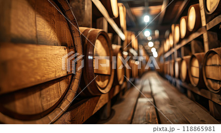 Oak barrels lined up in a row Oak barrels lined up in a row 118865981
