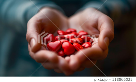 Red heart shaped pills in hands 118866023
