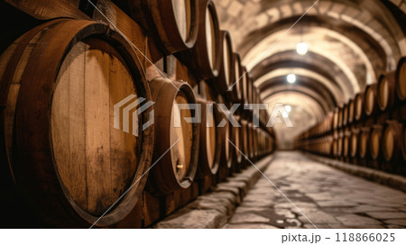 Cellar with wooden barrels. 118866025