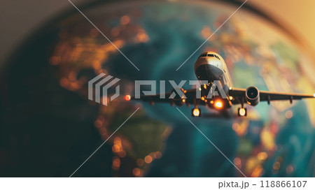 Airplane model against the background of the globe 118866107