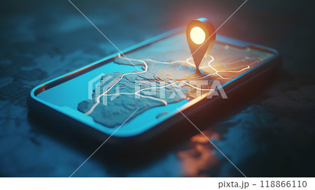 Geolocation marker above the smartphone screen. 118866110