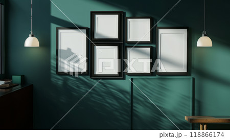 Room interior. Photo frames hanging on the wall. 118866174