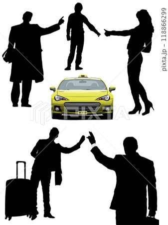 Silhouettes of young people catch a taxi on the . Black and white illustration Silhouettes of young people catch a taxi on the . Black and white illustration 118866299