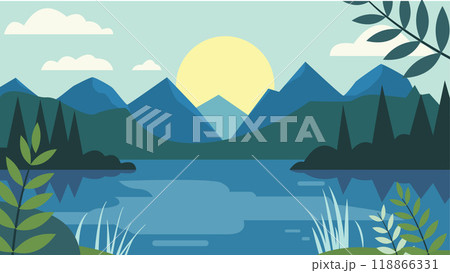 Peaceful Nature Landscape of Mountain and Lake River with Sun in Green Forest 118866331