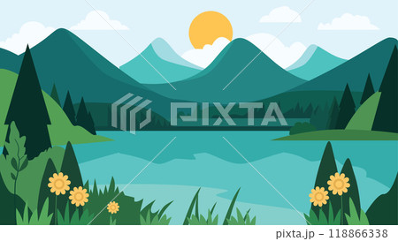 Peaceful Nature Landscape of Mountain and Lake River with Sun in Green Forest 118866338