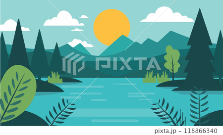 Peaceful Nature Landscape of Mountain and Lake River with Sun in Green Forest 118866340