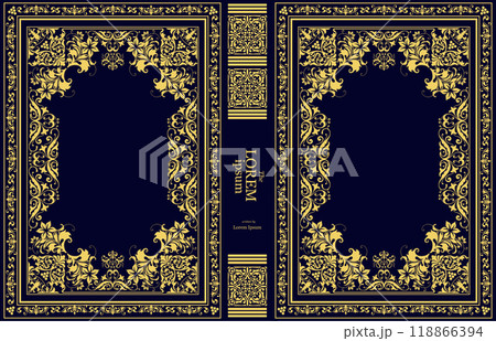 Ornate leather book cover and Old retro ornament frames. Royal Golden style design. Historical novel. Oriental style Vector illustration. Hand drawn illustration Ornate leather book cover and Old retro ornament frames. Royal Golden style design. Historical novel. Oriental style Vector illustration. Hand drawn illustration 118866394