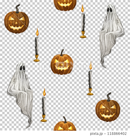 Hellowen seamless pattern. Watercolor hand drawn endless texture. Gothic and scarry festive ornament. Helloween decorations, pumpkins, witch, candle, raven, ghost, broom. Hellowen seamless pattern. Watercolor hand drawn endless texture. Gothic and scarry festive ornament. Helloween decorations, pumpkins, witch, candle, raven, ghost, broom. 118866402
