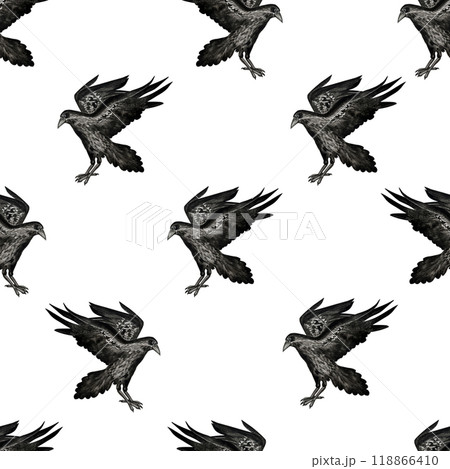 Hellowen seamless pattern. Watercolor hand drawn endless texture. Gothic and scarry festive ornament. Helloween decorations, pumpkins, witch, candle, raven, ghost, broom. 118866410