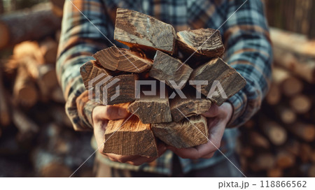 A man holding a bundle of firewood 118866562