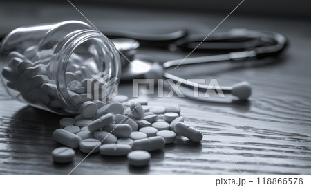Close-up of a jar of pills and a stethoscope. 118866578