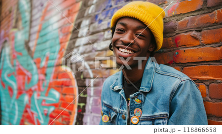 Joyful man in a yellow knitted hat. 118866658