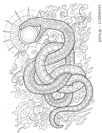 Hand drawn line art illustration with sun and snake - symbol of the year according to eastern horoscope. Graphic artwork for coloring page. Esoteric, gothic and mystic concept Hand drawn line art illustration with sun and snake - symbol of the year according to eastern horoscope. Graphic artwork for coloring page. Esoteric, gothic and mystic concept 118866843