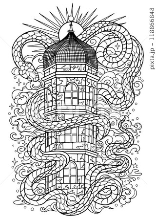 Hand drawn line art illustration with old tower and snake - symbol of the year according to eastern horoscope. Graphic artwork for coloring page. Esoteric, gothic and mystic concept Hand drawn line art illustration with old tower and snake - symbol of the year according to eastern horoscope. Graphic artwork for coloring page. Esoteric, gothic and mystic concept 118866848