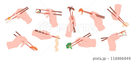 Eating with chopsticks. Hands holding chopstick, asian style utensils and eat food, sushi dumplings noodles vegetables. Chinese japanese racy vector set 118866849