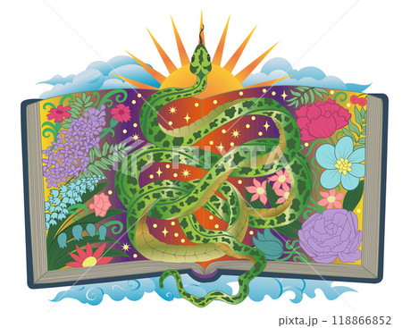Hand drawn colorful illustration with open book, flowers and snake - symbol of the year according to eastern horoscope. Esoteric, gothic and mystic graphic artwork Hand drawn colorful illustration with open book, flowers and snake - symbol of the year according to eastern horoscope. Esoteric, gothic and mystic graphic artwork 118866852