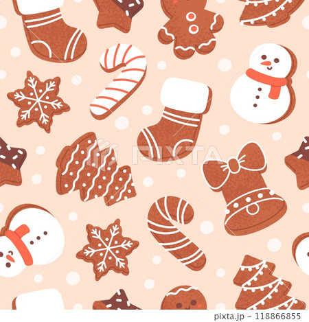 Gingerbread seamless pattern. Christmas holiday cookies, baked presents and food. Winter seasonal print design for wrapping and fabric, racy vector background Gingerbread seamless pattern. Christmas holiday cookies, baked presents and food. Winter seasonal print design for wrapping and fabric, racy vector background 118866855
