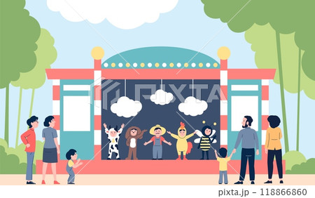 Kids in street theater. Little actors and audience. Children wear animal costumes, outdoor entertainment. Weekend time, toddlers and adults recent vector scene 118866860