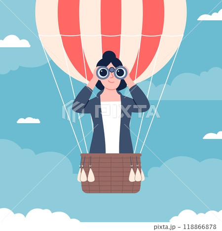 Business woman flying in balloon and looking through binoculars. HR manager searching candidates and employees, female job opportunity, vector scene 118866878