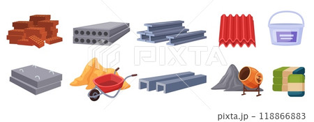 Construction materials heaps. Concrete panels, bricks and stones piles. Metal building details, sand and roof covering for renovation, nowaday vector set 118866883