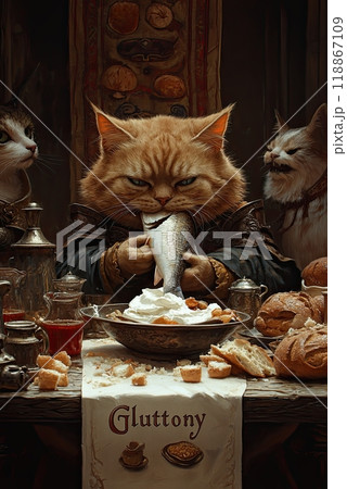 A Cat Gluttony: A rotund cat sits at an overflowing medieval feast table, piled high with fish, bread, and jugs of cream. medieval illustration of 7 capital sins 118867109