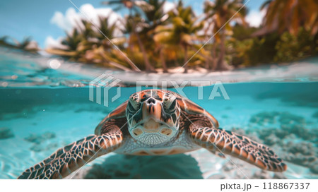 A big turtle swim underwater with beach palm trees on the background. 118867337