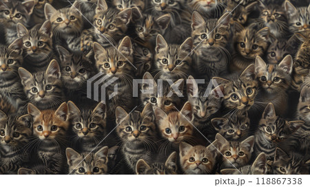 A lot of adorable cats, close-up view. Background full of cute kittens. 118867338