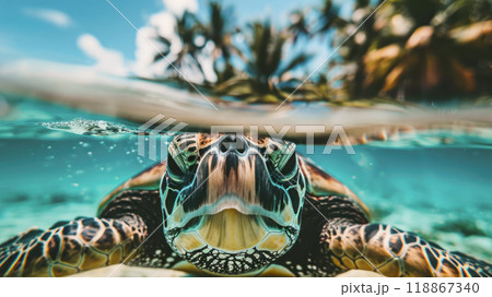 Close-up of a big turtle swim underwater with beach palm trees on the background. 118867340