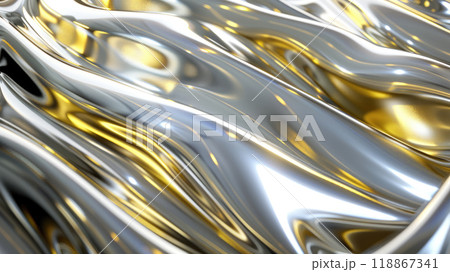 Golden and silver metal background. Silver and gold background with wavy lines. 118867341