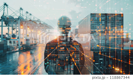 Rear view of a engineer worker  looking at industrial port and container yard. 118867344