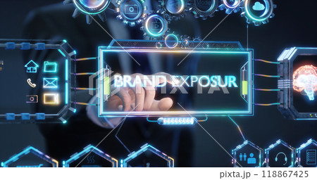 Businessman selecting brand exposure on virtual touchscreen interface 118867425