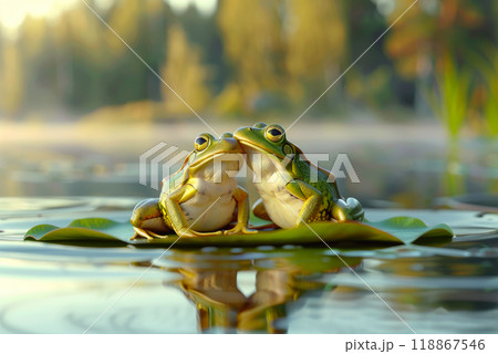 Two frogs in love are sitting on a lily pad, they have a date. The frogs are in love. Two frogs in love are sitting on a lily pad, they have a date. The frogs are in love. 118867546