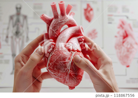 Hands holding heart model, close-up view. Hands holding heart model, close-up view. 118867556