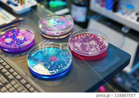 Petri dishes with color bacteria and virus on a laboratory desk. Microbiology research concept. 118867557