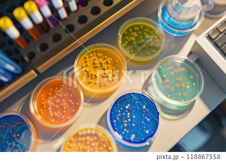 Petri dishes with color bacteria and virus on a laboratory desk. 118867558