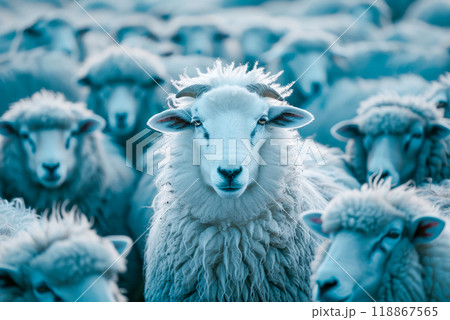 Livestock farm, herd of sheep. Blue toned image. 118867565