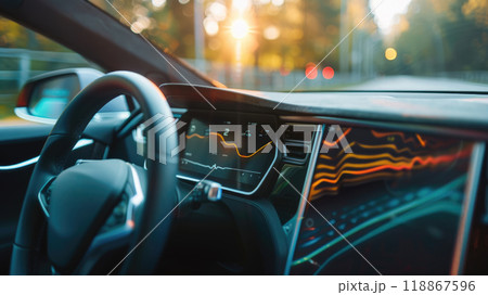 Modern and futuristic car steering wheel and touch screen. 118867596