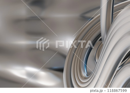 Abstract chrome background with smooth, flowing curves and reflective surfaces, creating tech and modern design. Ideal for futuristic branding and promotional materials. Y2k, 2000s. 3D render. 118867599