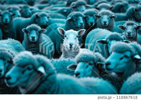 The white sheep in the group of blue sheep herd. 118867618