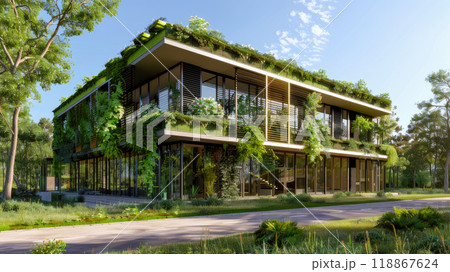 Contemporary green building. Green modern building with plants growing on the facade. 118867624
