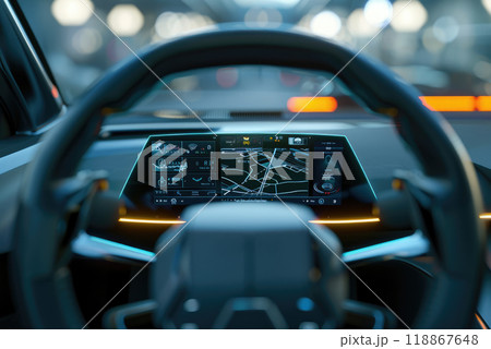 Modern and futuristic car steering wheel and futuristic dashboard. 118867648