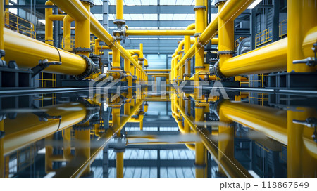 Oil and gas factory plant with yellow pipeline. Concept banner industry power plant background. 118867649