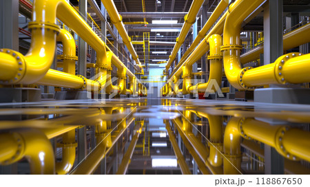 Oil and gas factory plant with yellow pipeline. 118867650