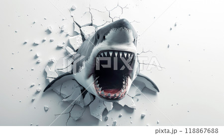A shark breaking down a white wall. 118867688