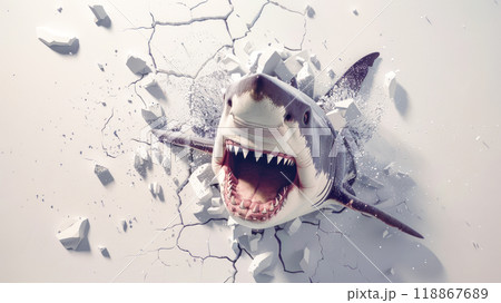 An angry shark breaking out of the background or wall. 118867689